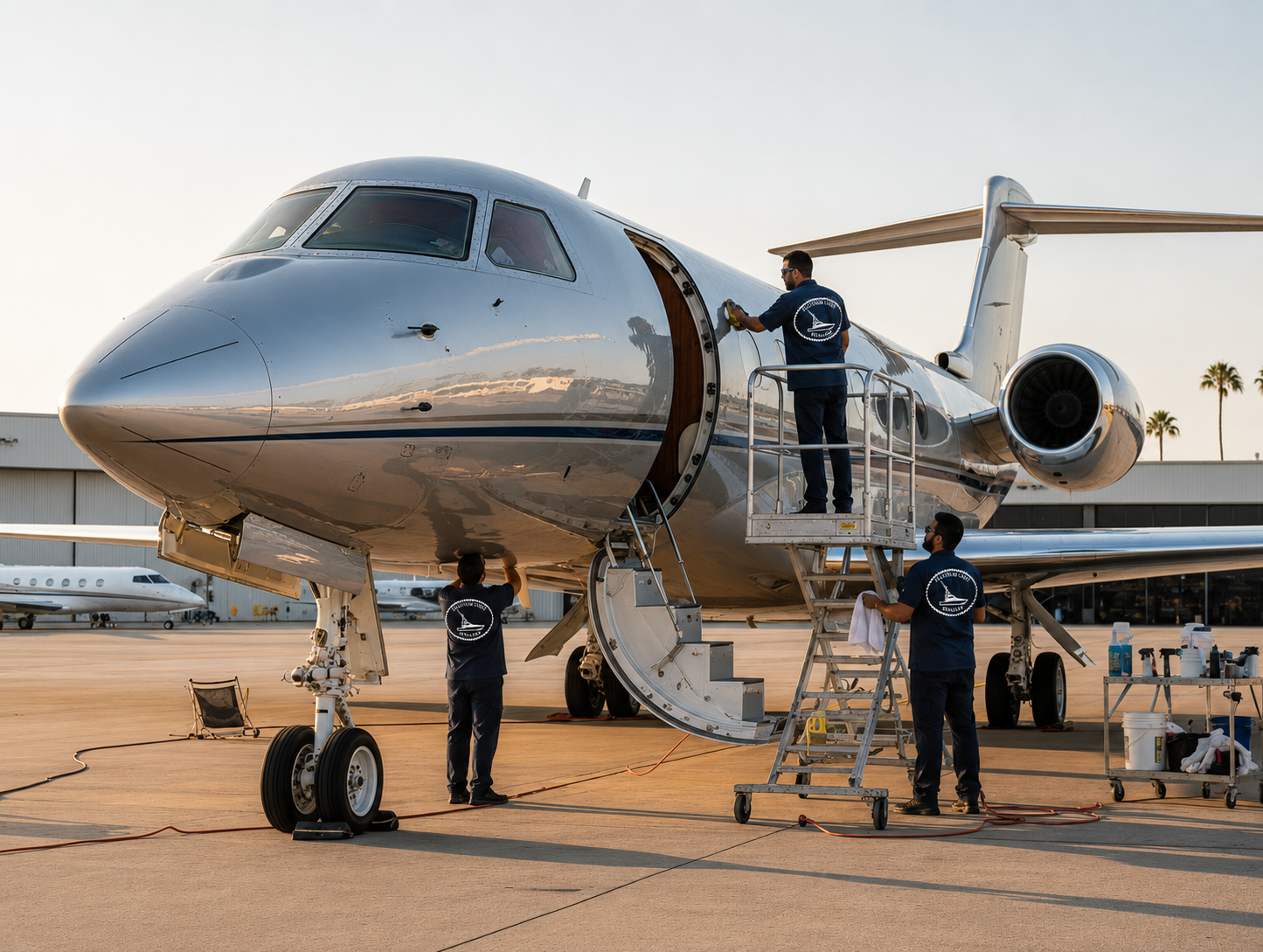 Platinum Coast Detailers technicians detailing a Gulfstream jet on the tarmac in Southwest Florida