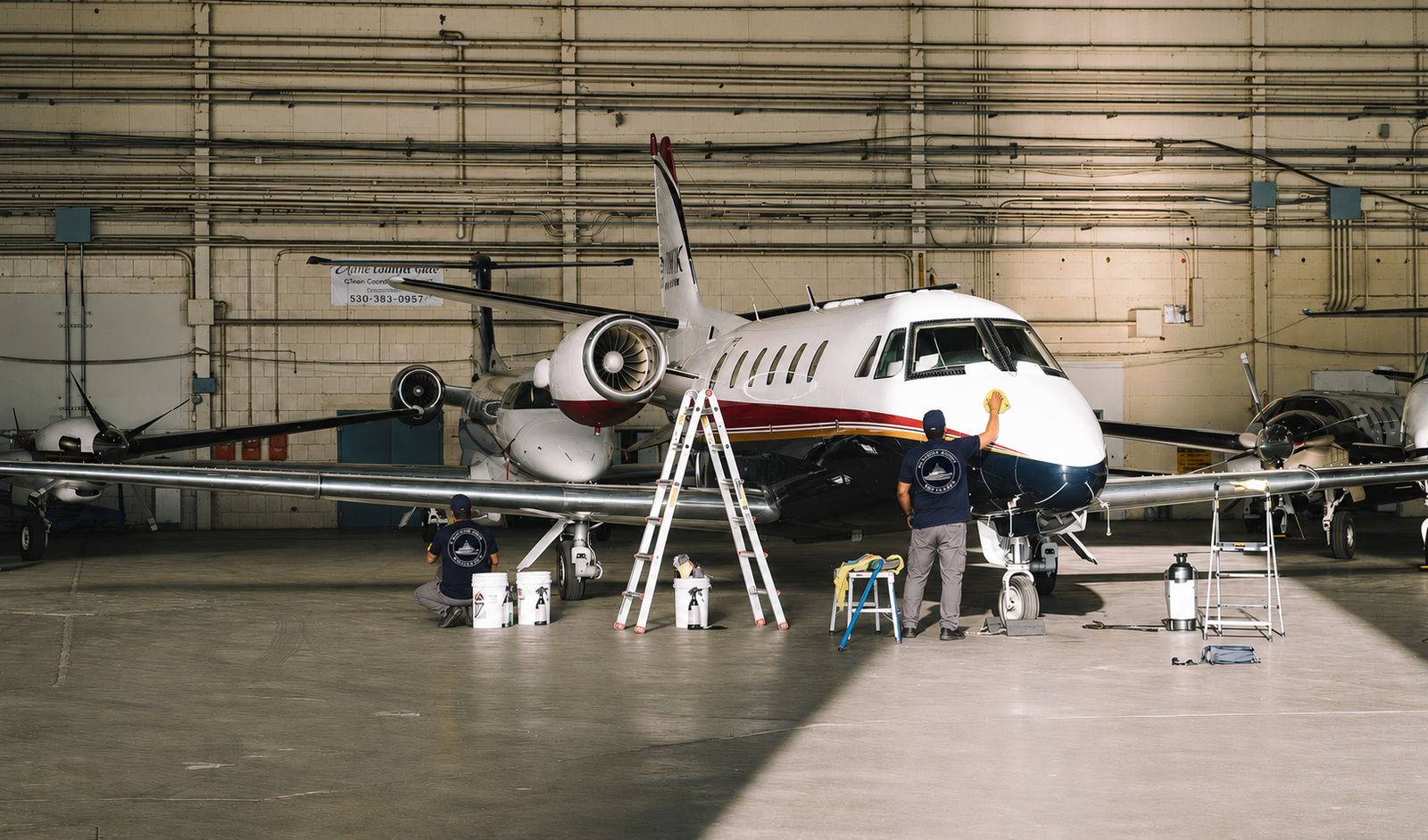 Platinum Coast Detailers technicians detailing a Citation jet in a Naples, Florida hangar