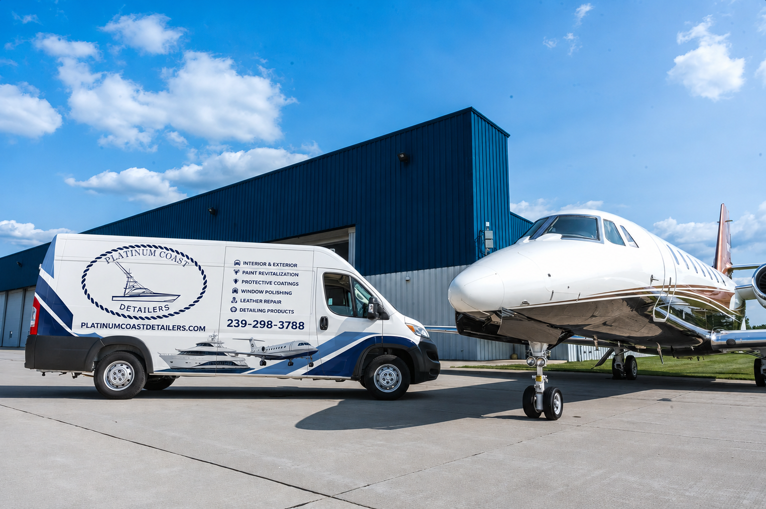 Platinum Coast Detailers mobile service van next to a private jet at a Naples, Florida hangar